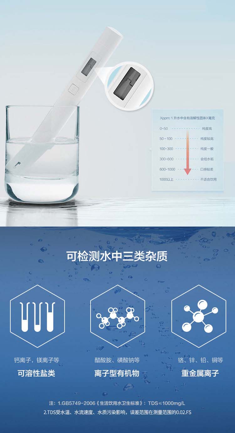 小米水质tds检测笔可测水质检测笔家用办公饮用水自来水测水仪 检测笔